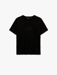 Pamuklu Baskı Detaylı Kısa Kollu Bisiklet Yaka Tişört