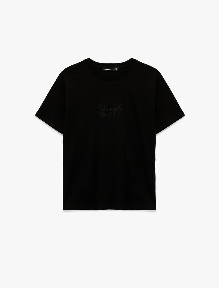  Pamuklu Baskı Detaylı Kısa Kollu Bisiklet Yaka Tişört