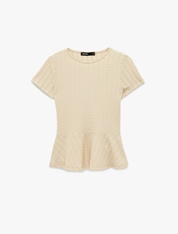 Bürümcük Kumaş Slim Fit Yuvarlak Yaka Kısa Kollu Peplum Tişört