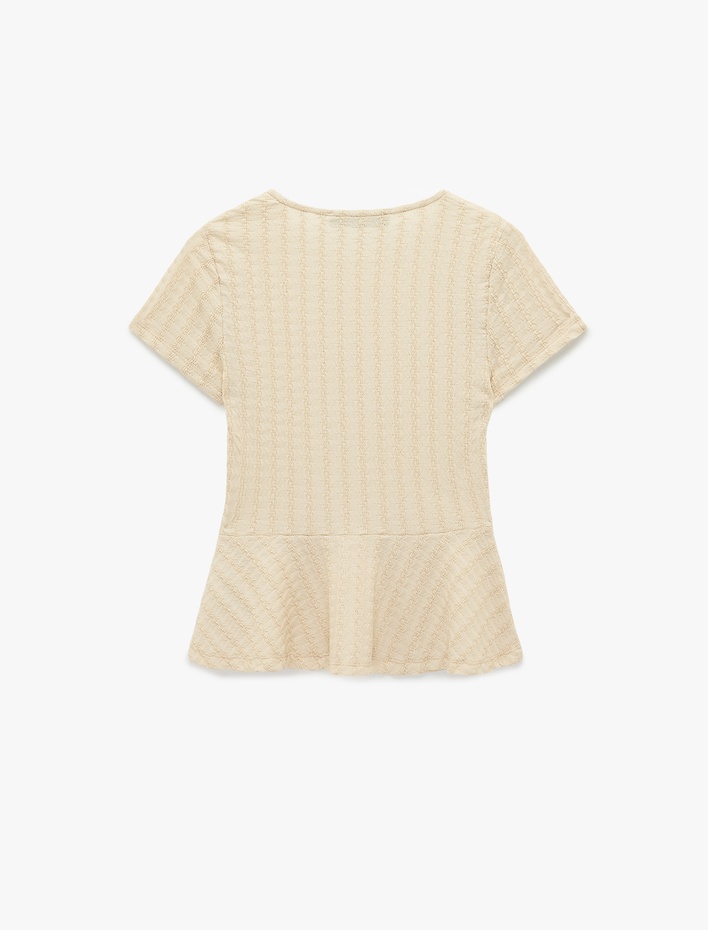  Bürümcük Kumaş Slim Fit Yuvarlak Yaka Kısa Kollu Peplum Tişört