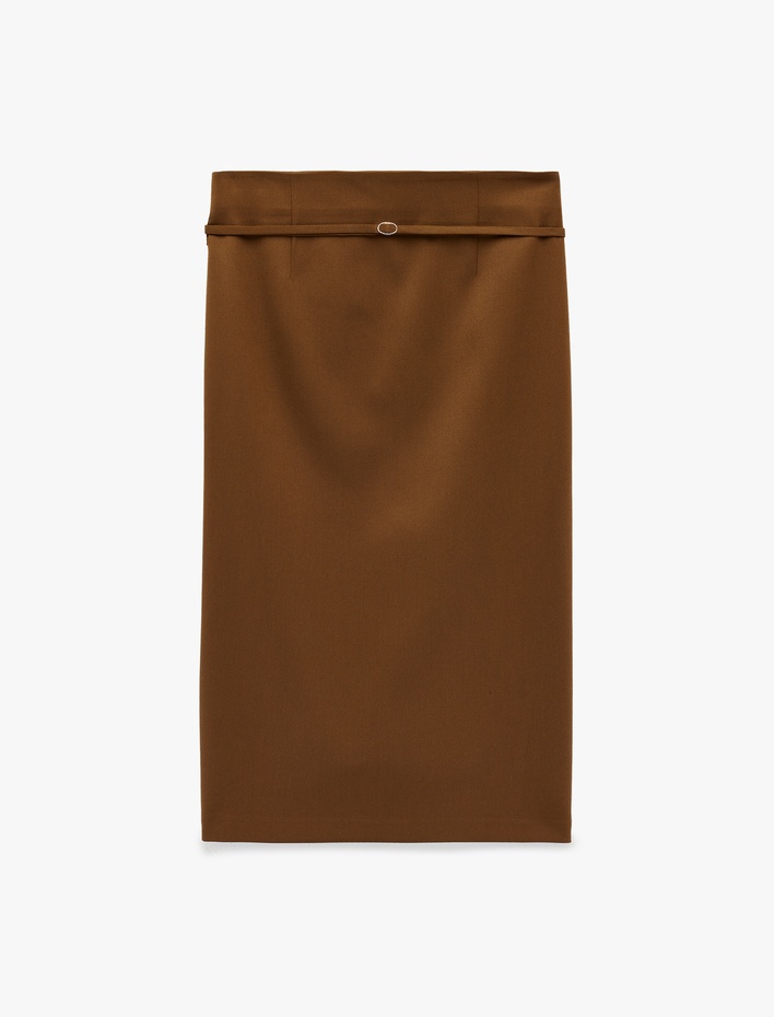  Slim Fit Yırtmaçlı Kemer Detaylı Midi Kalem Etek