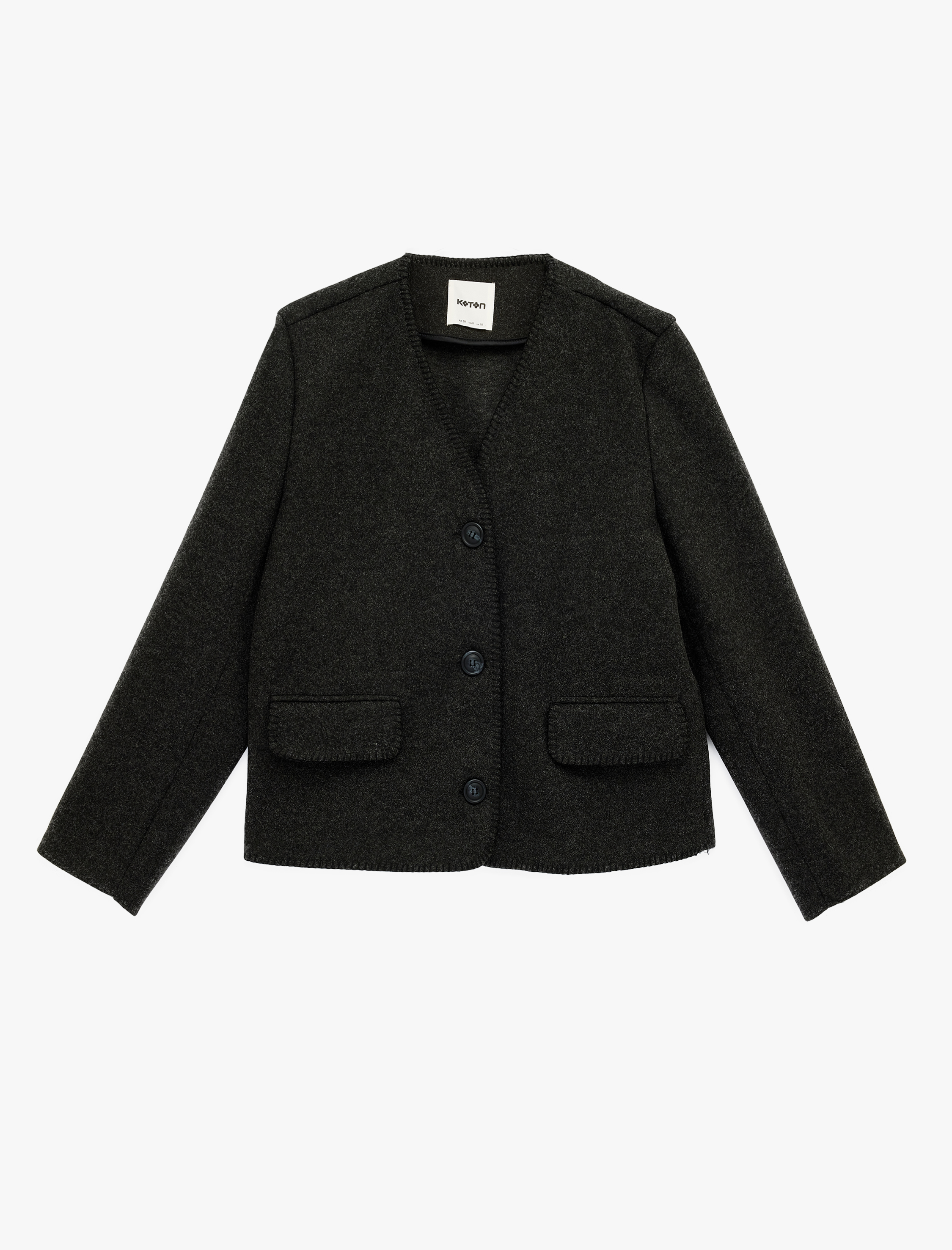   Çoban Dikişi Detaylı Düğmeli Uzun Kollu Cepli Kaşe Ceket