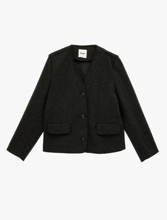  Çoban Dikişi Detaylı Düğmeli Uzun Kollu Cepli Kaşe Ceket