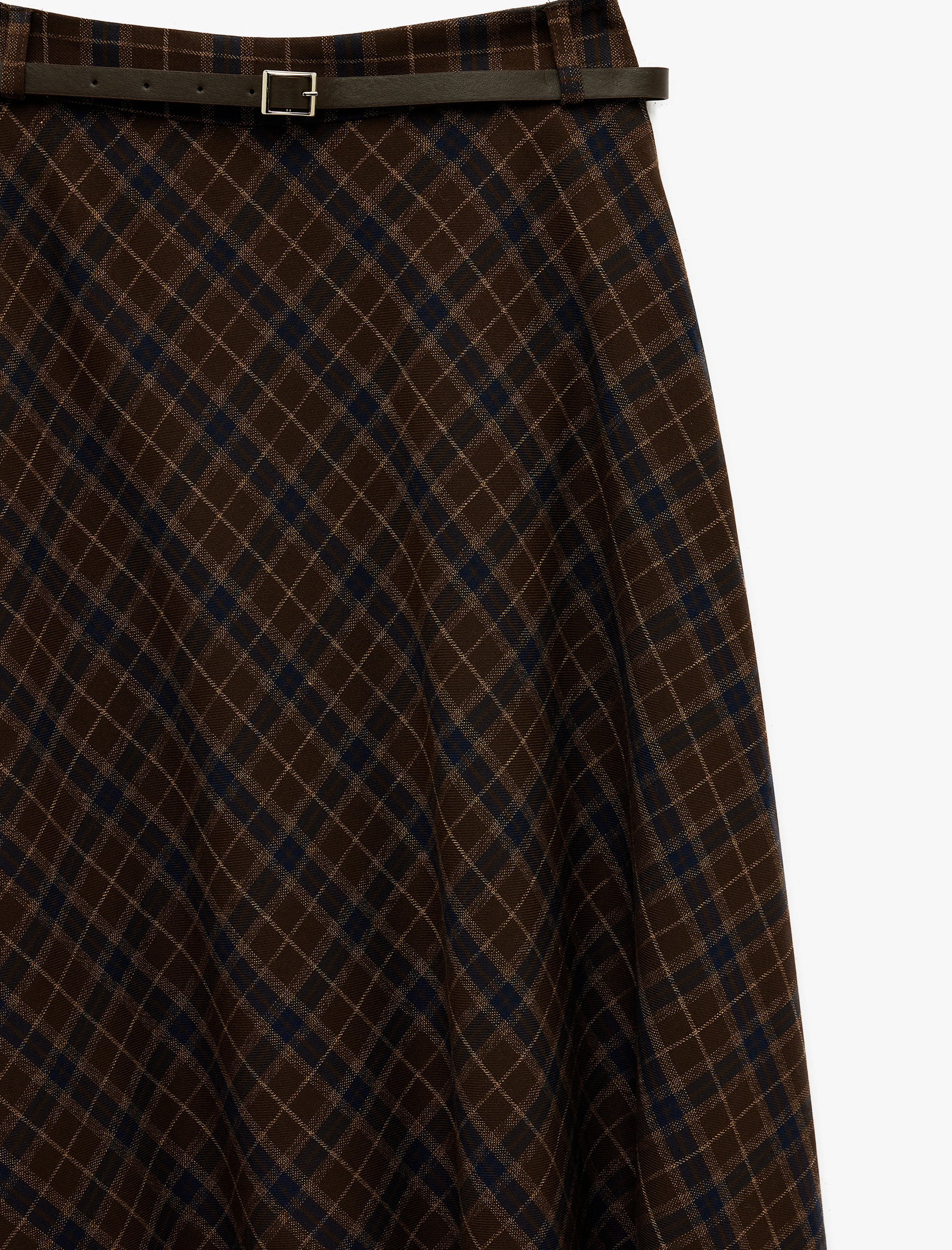   Kloş Kesim Kemerli Cepli Midi Boy Ekose Etek