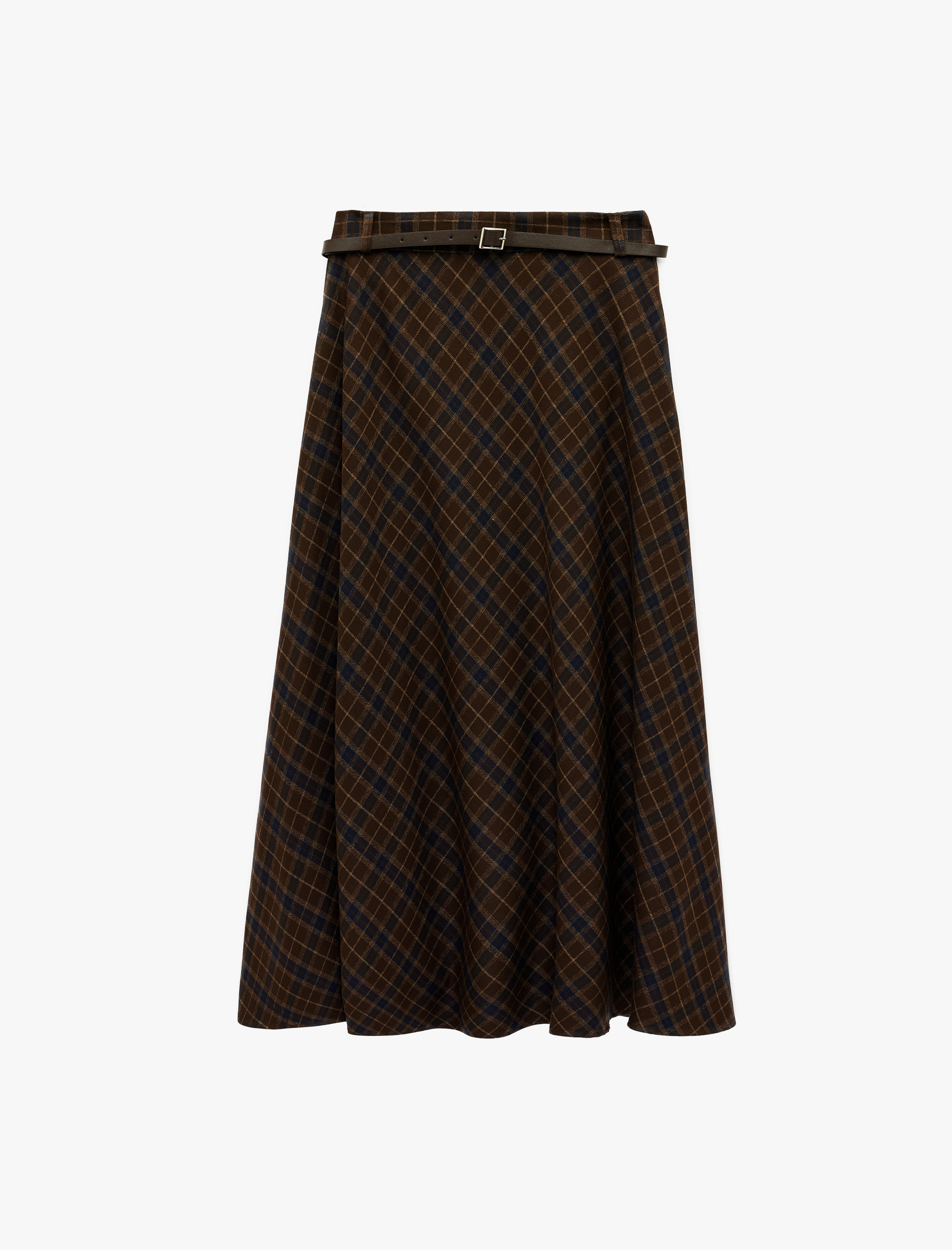   Kloş Kesim Kemerli Cepli Midi Boy Ekose Etek