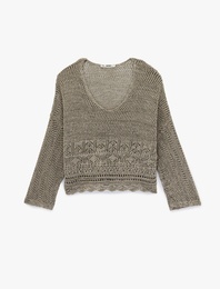 V Yaka Uzun Kollu Ajurlu Triko Kazak