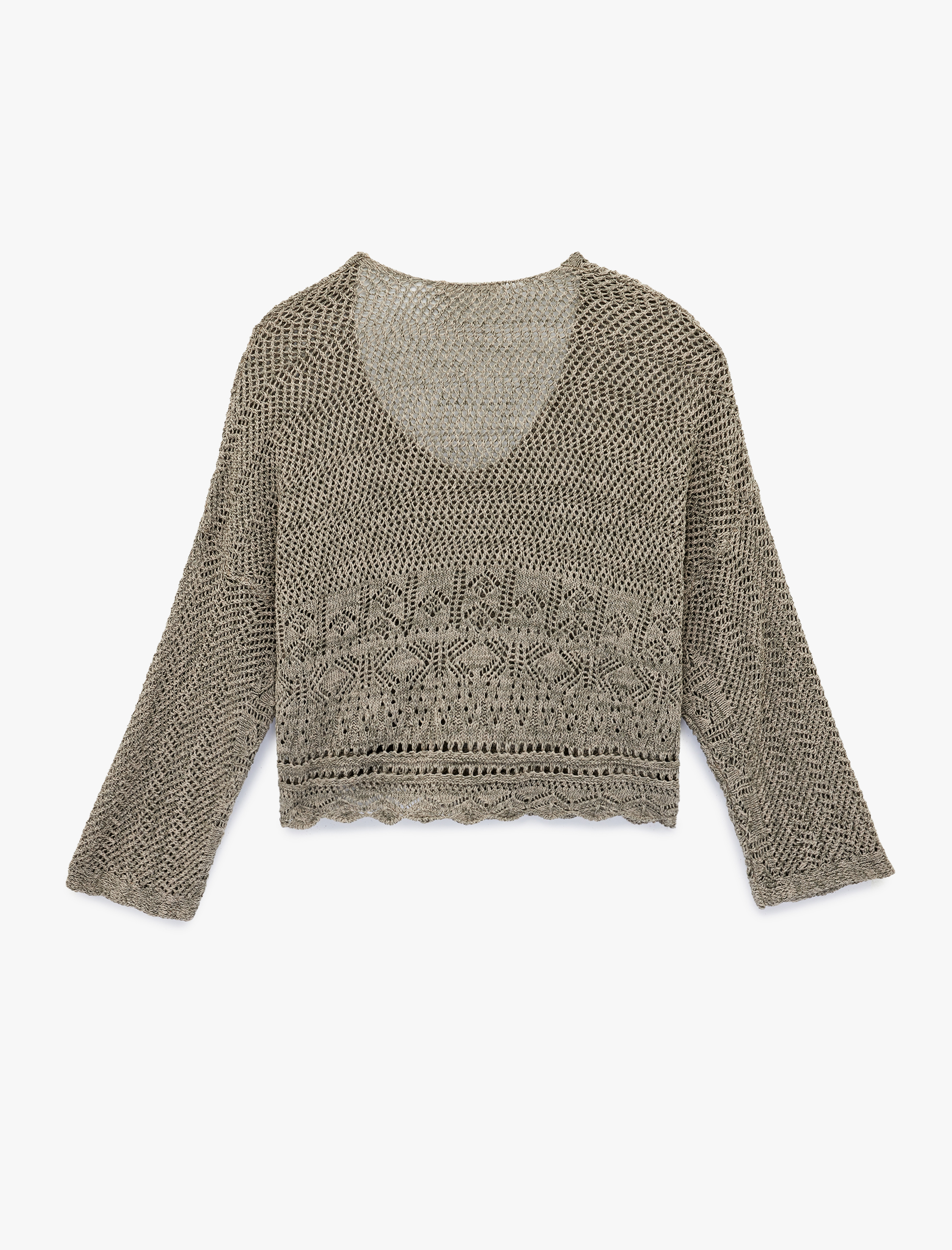   V Yaka Uzun Kollu Ajurlu Triko Kazak