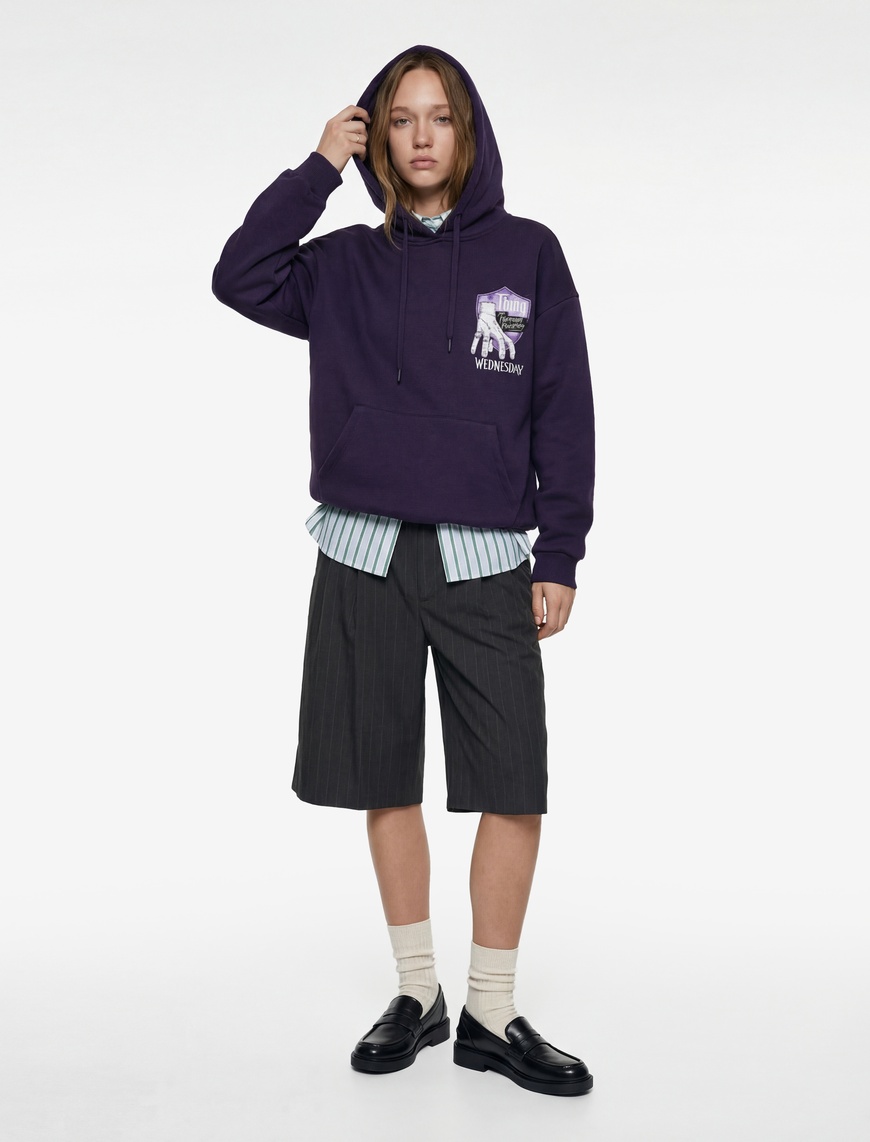 Koton Kadın Şardonlu Wednesday Lisanslı Kanguru Cepli Kapüşonlu Arkası Baskılı Oversize Sweatshirt