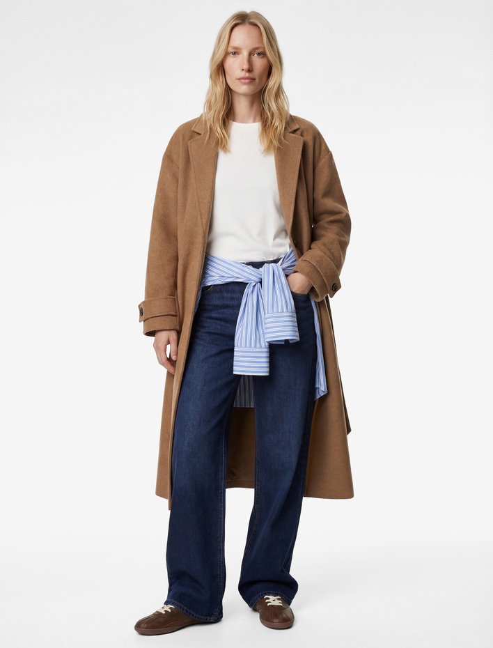  Koton X Şahika Ercümen - Kemerli Kaban Yakası Apoletli Kaşe Uzun Kollu Cepli