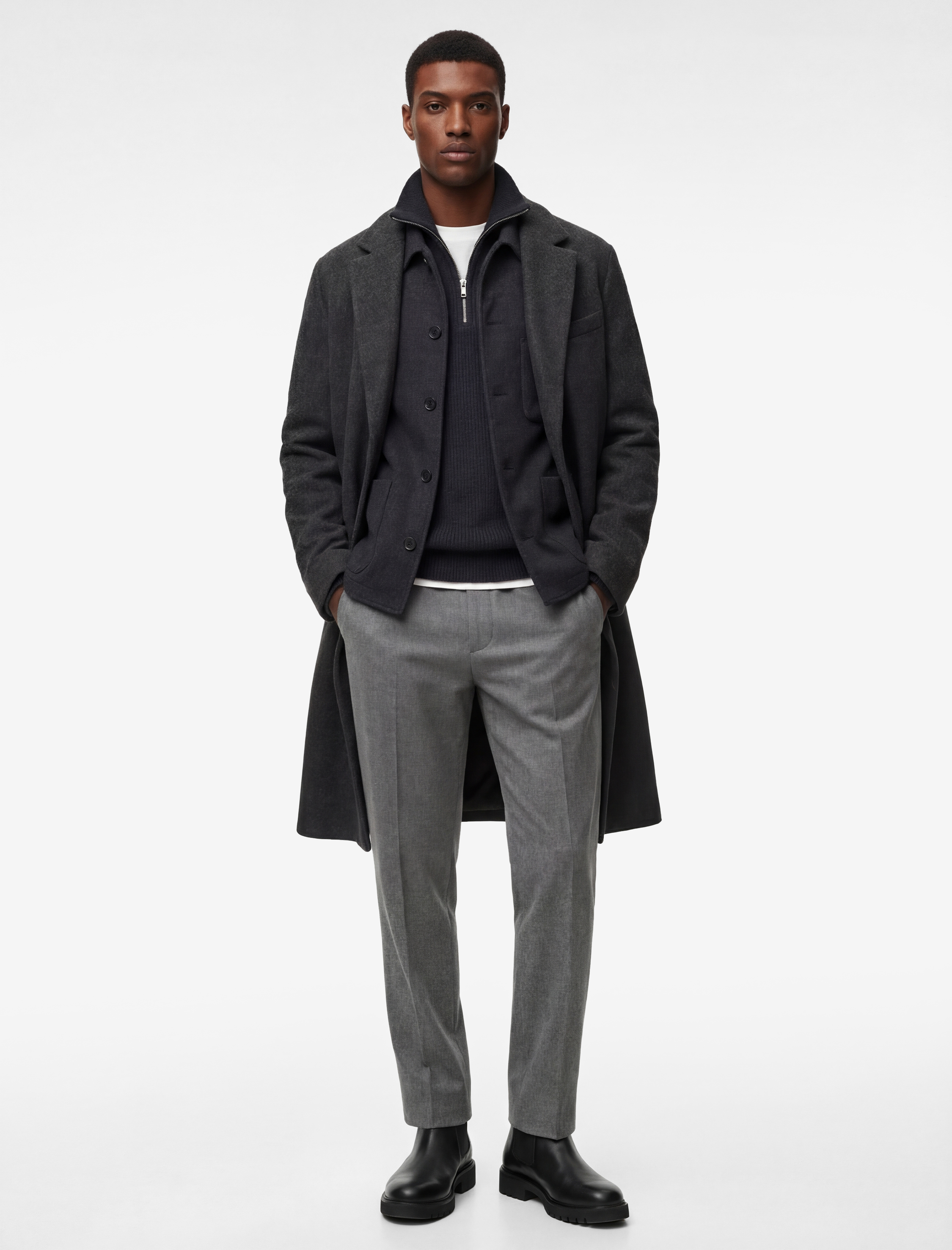   Regular Fit Cepli Mono Yaka Düğmeli Uzun Kaşe Kaban