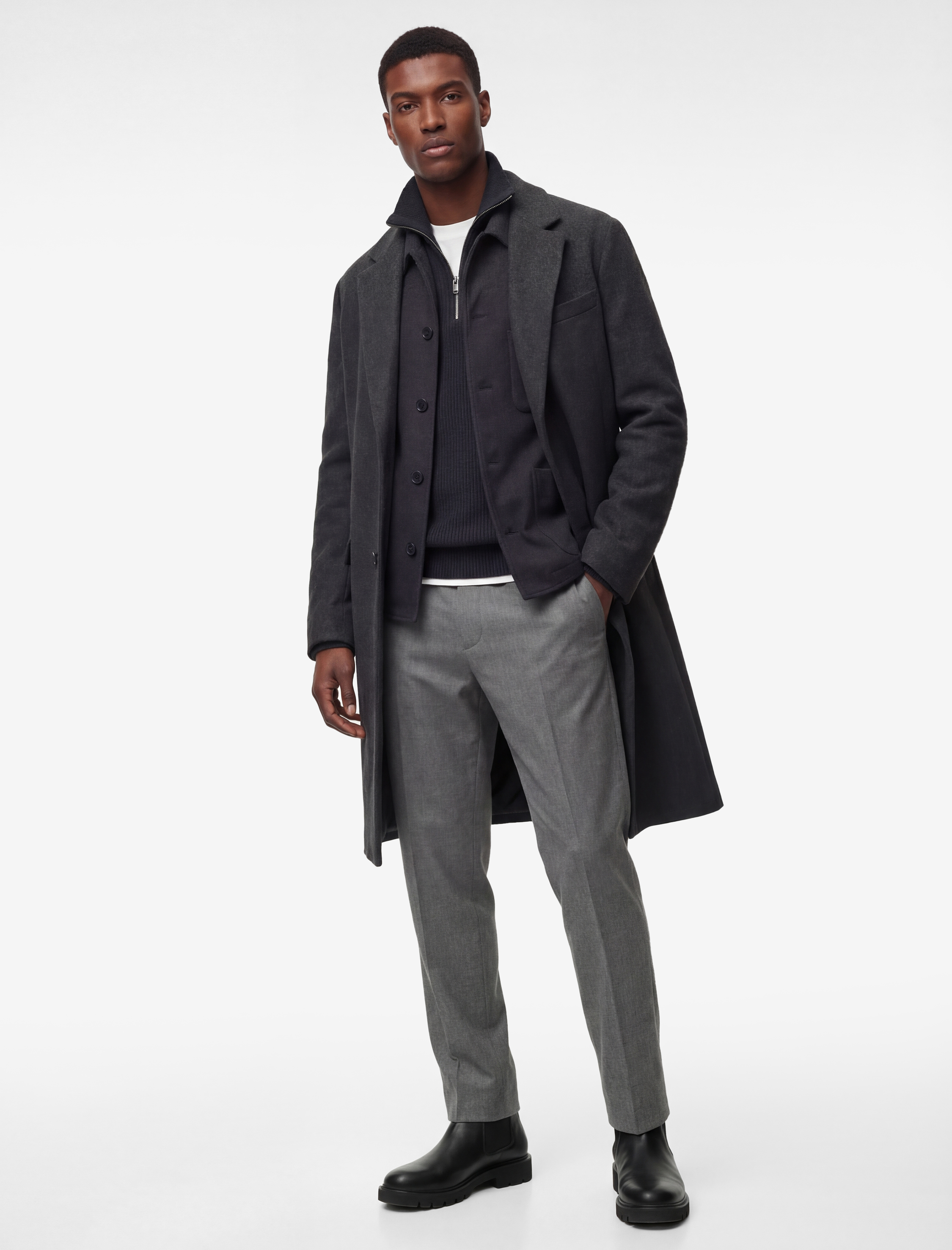   Regular Fit Cepli Mono Yaka Düğmeli Uzun Kaşe Kaban