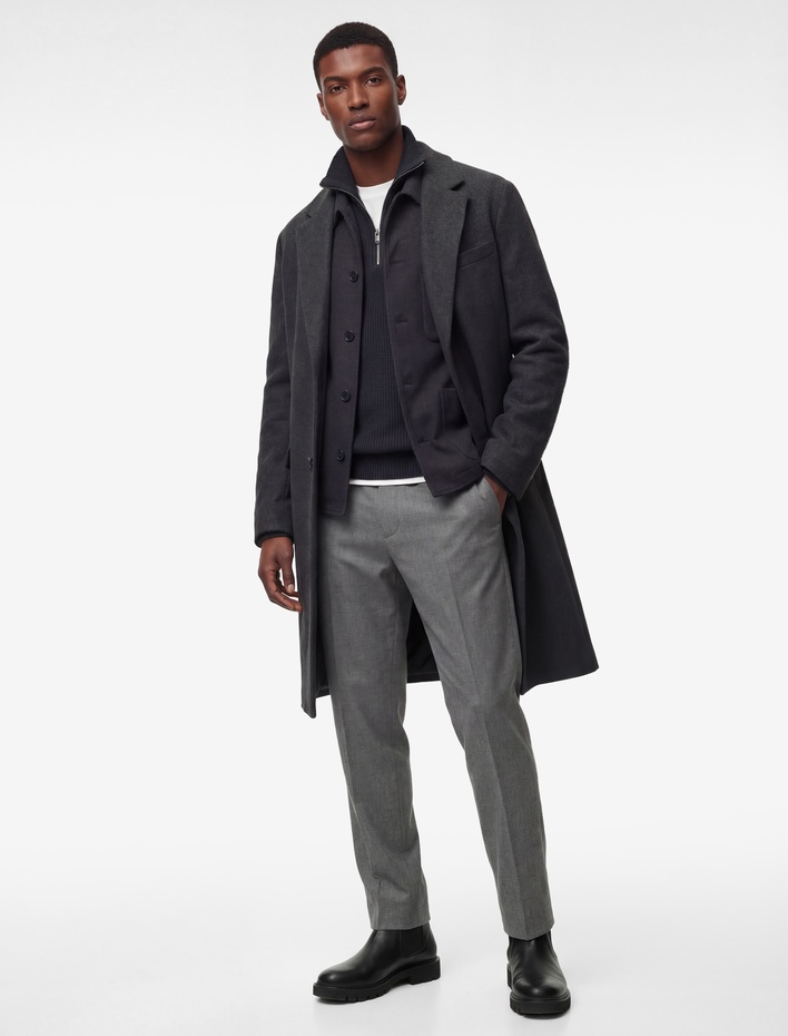  Regular Fit Cepli Mono Yaka Düğmeli Uzun Kaşe Kaban