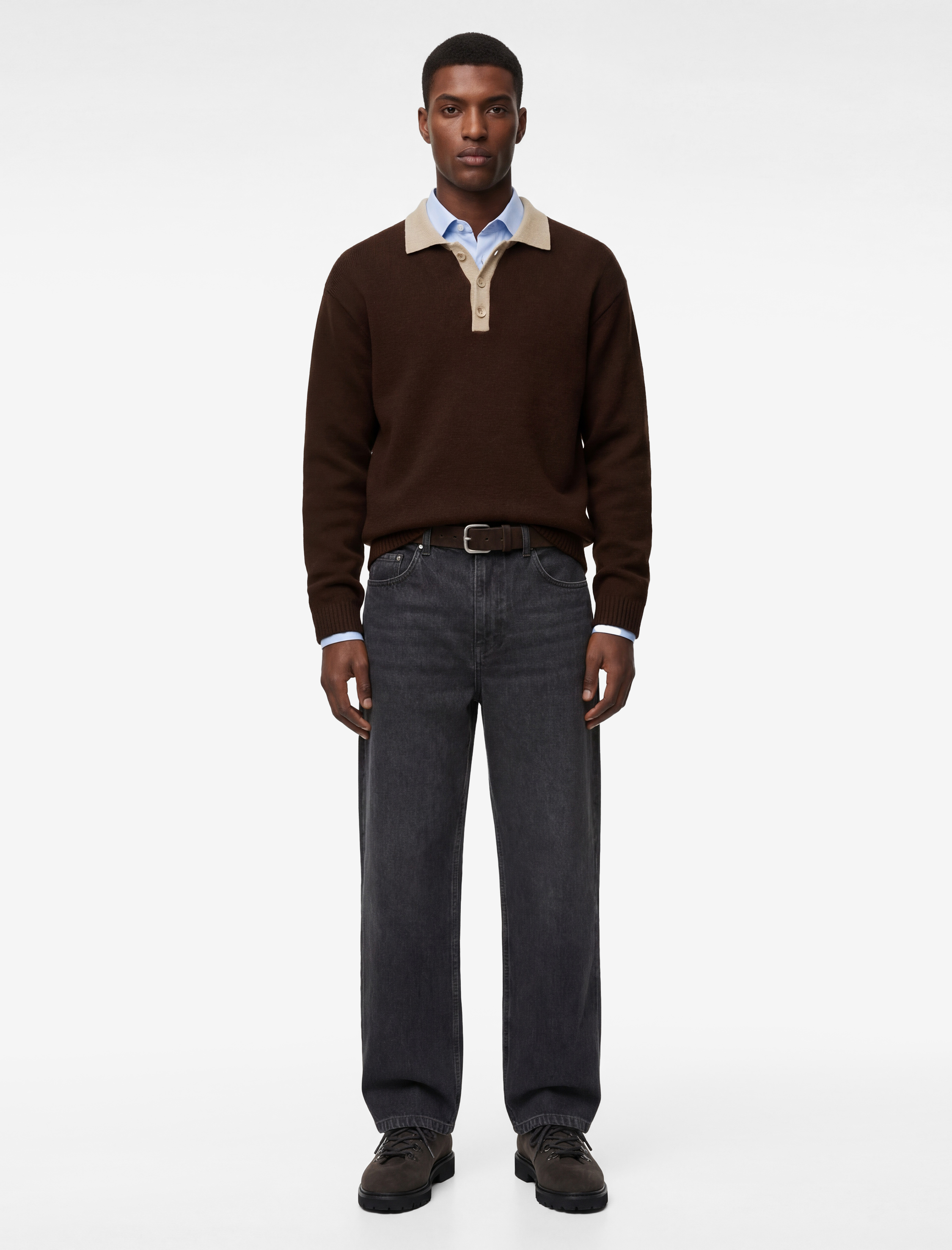   Uzun Kollu Renk Kontrastlı Düğmeli Polo Yaka Triko Kazak