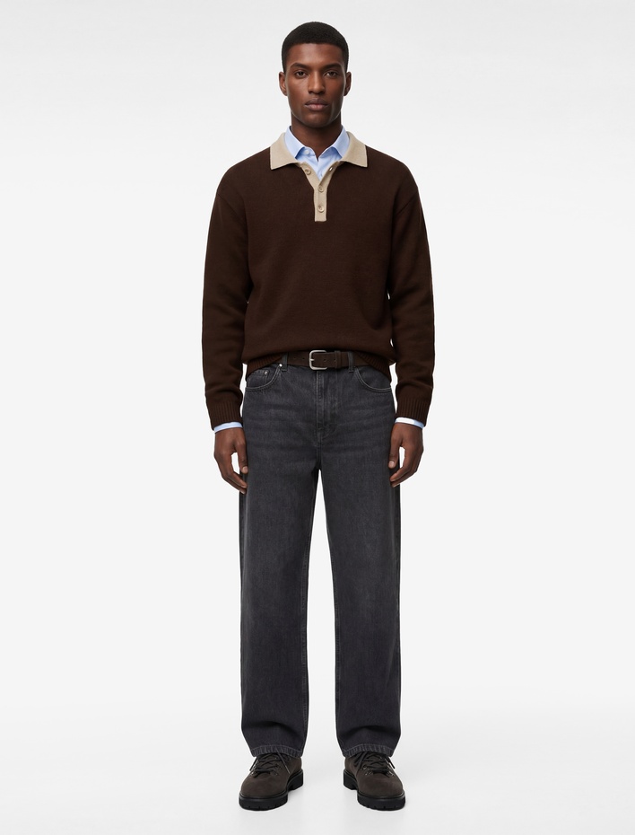  Uzun Kollu Renk Kontrastlı Düğmeli Polo Yaka Triko Kazak