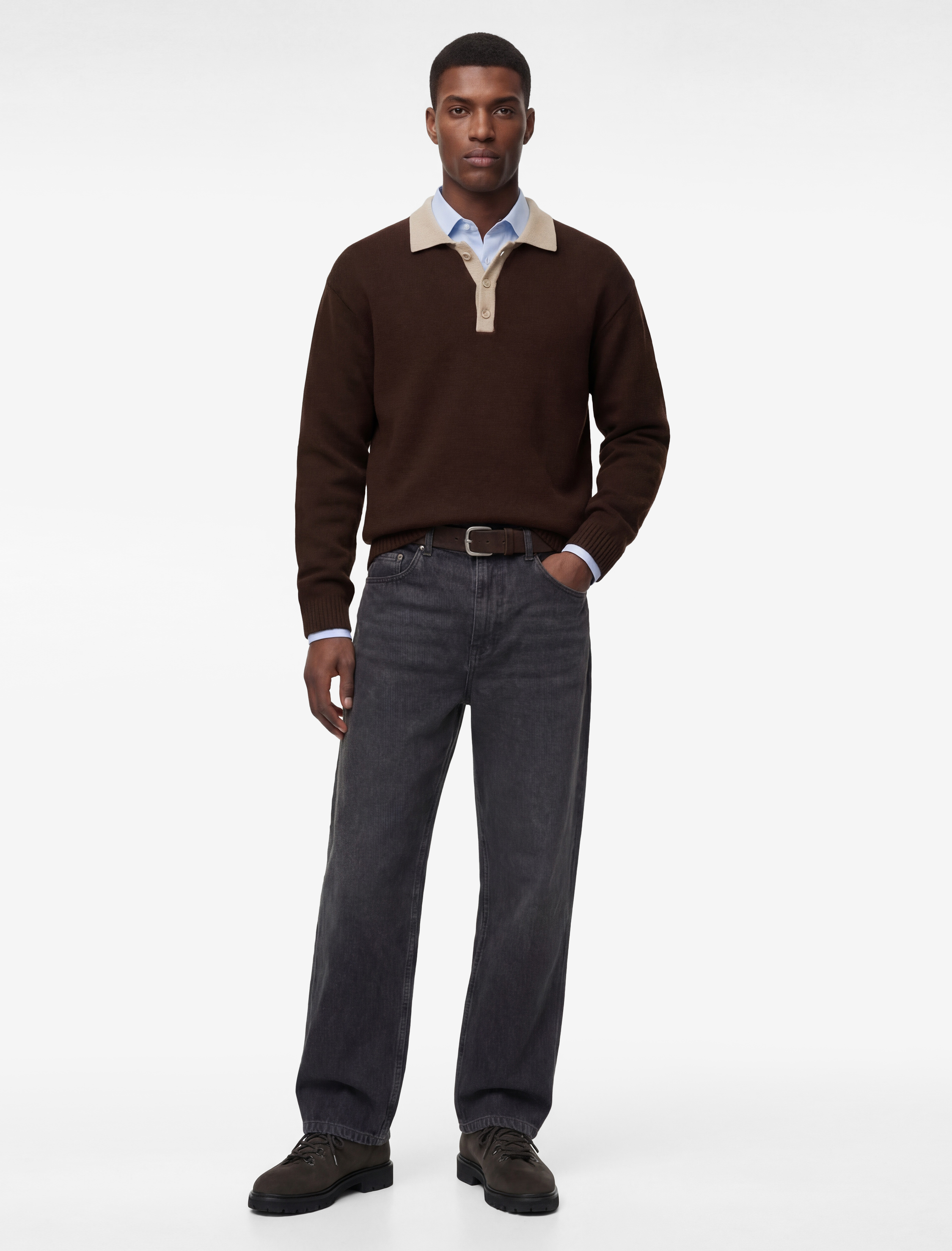   Uzun Kollu Renk Kontrastlı Düğmeli Polo Yaka Triko Kazak