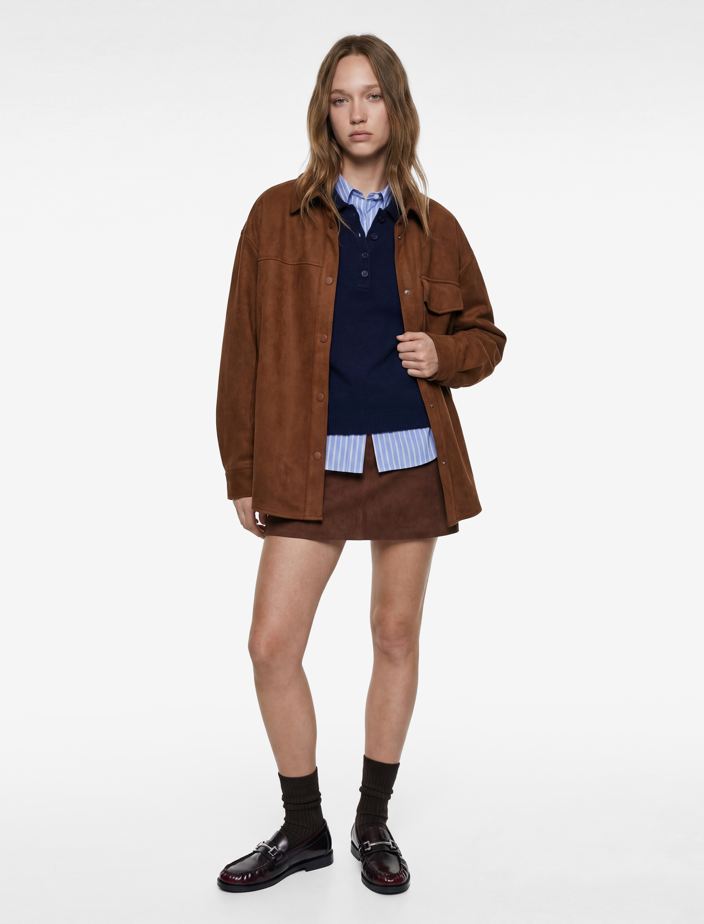   Uzun Kollu Klasik Yaka Çıtçıt Düğmeli Cepli Oversize Süet Görünümlü Ceket