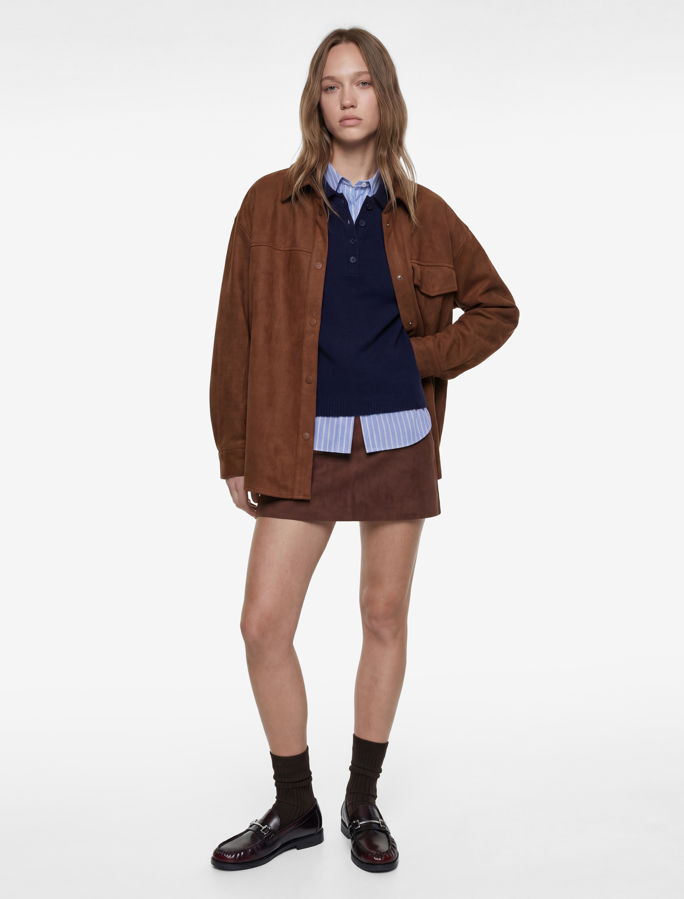   Uzun Kollu Klasik Yaka Çıtçıt Düğmeli Cepli Oversize Süet Görünümlü Ceket