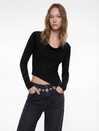 Pamuklu Slim Fit Kayık Yaka Drapeli Uzun Kollu Tişört