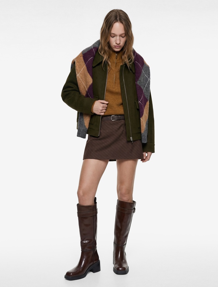  Uzun Kollu Klasik Yaka Cep Detaylı Oversize Fermuarlı Ceket