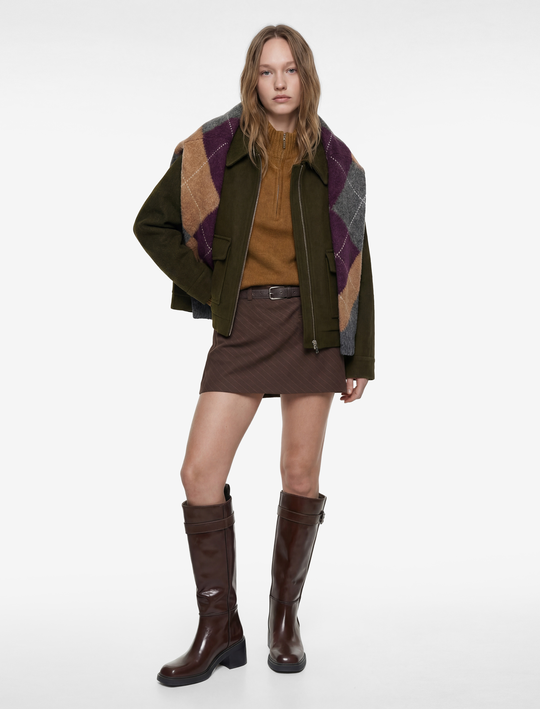   Uzun Kollu Klasik Yaka Cep Detaylı Oversize Fermuarlı Ceket