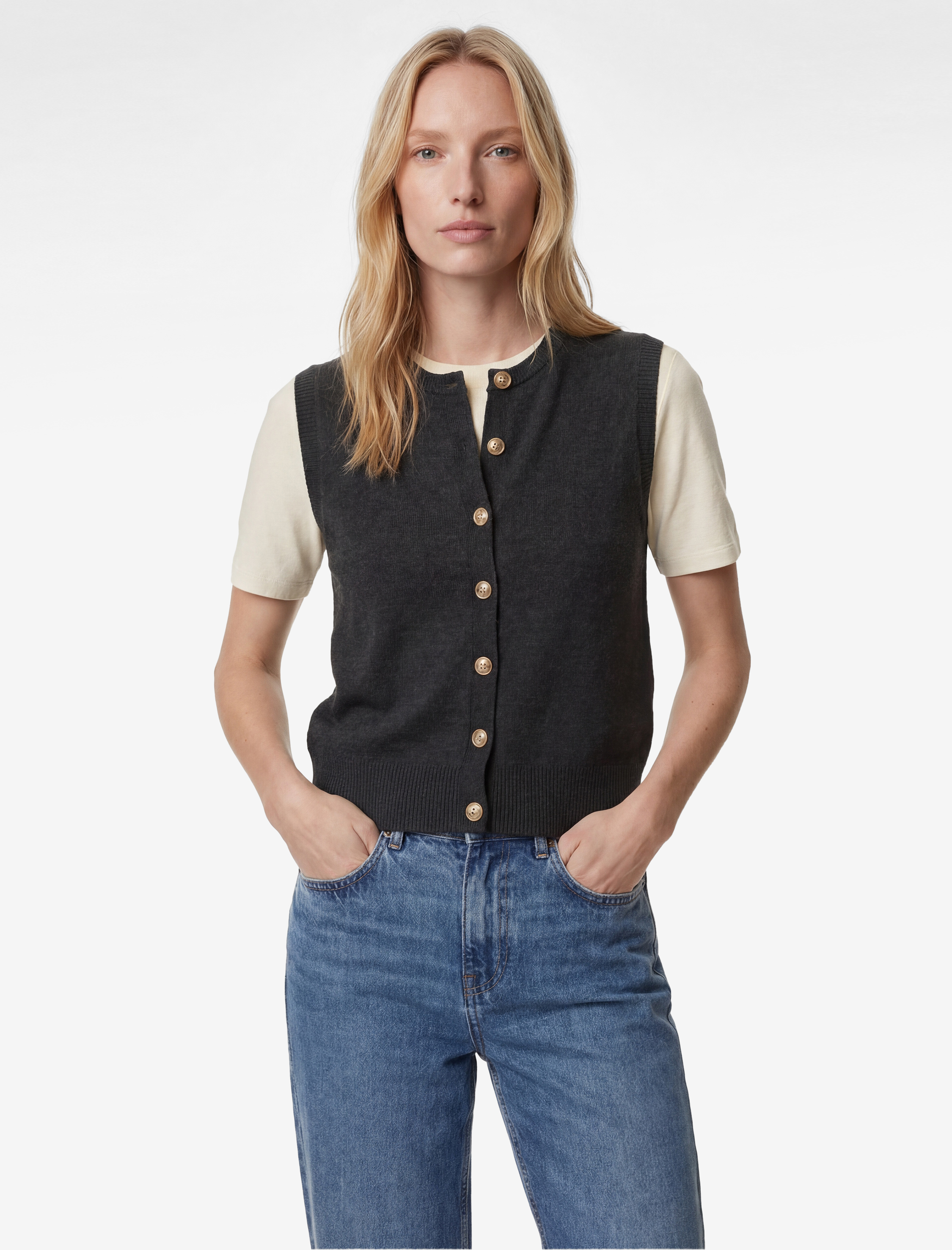   Gold Düğmeli Bisiklet Yaka Triko Yelek