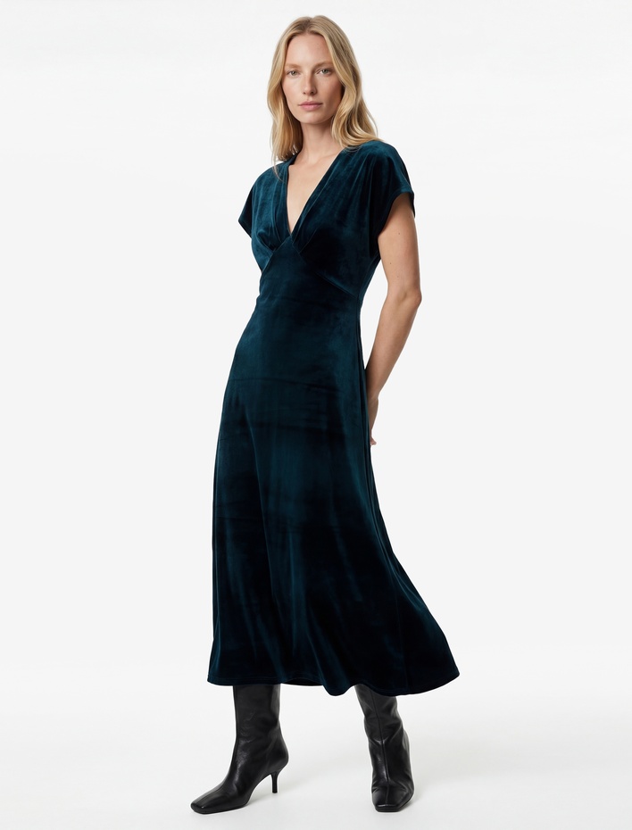  Slim Fit Kısa Yarasa Kollu Kruvaze V Yaka Midi Boy Kadife Elbise