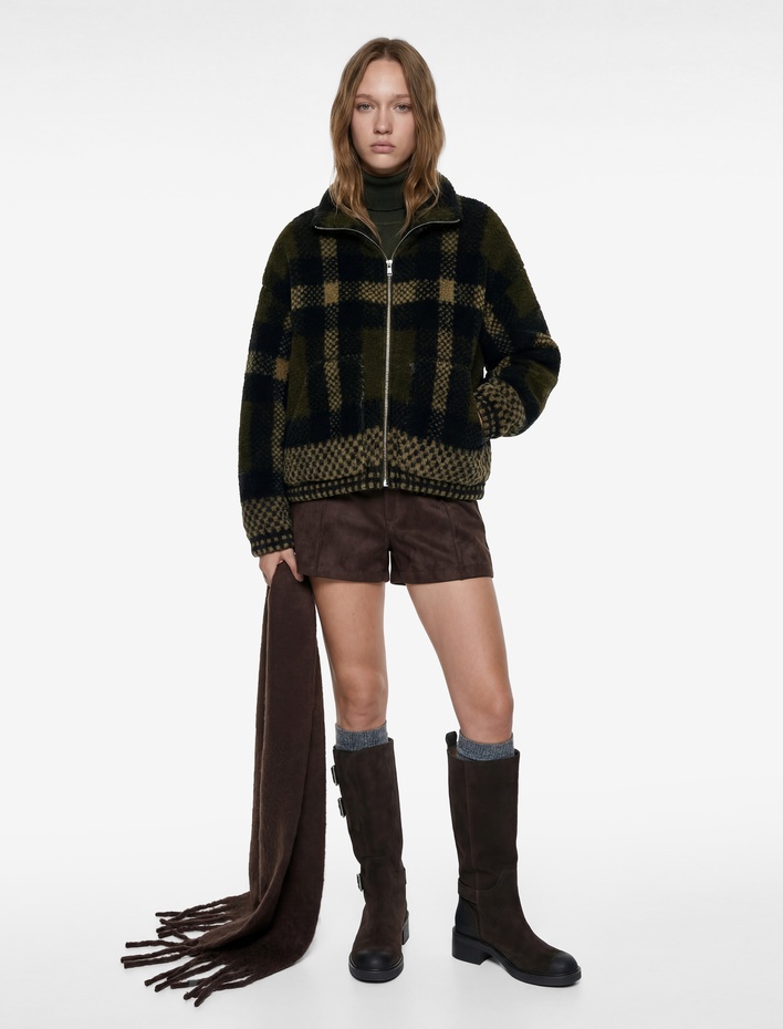  Dik Yaka Fermuarlı Ekoseli Hırka