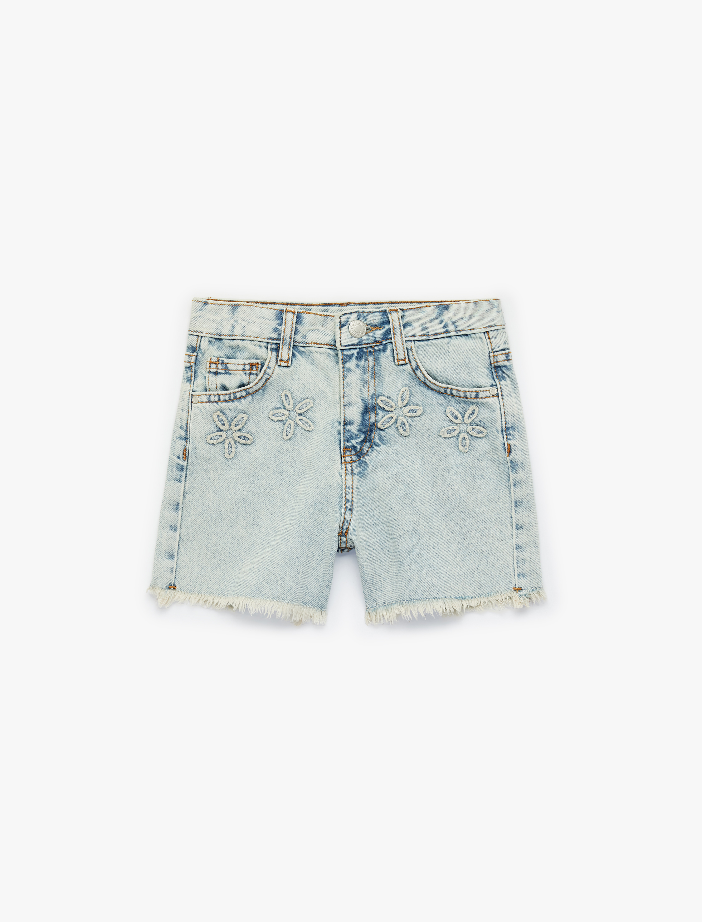  Kız Çocuk Pamuklu Çiçek İşlemeli Cep Detaylı Jean Şort