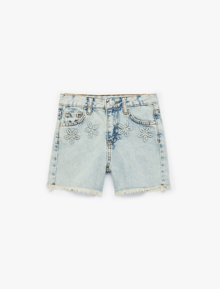 Kız Çocuk Pamuklu Çiçek İşlemeli Cep Detaylı Jean Şort