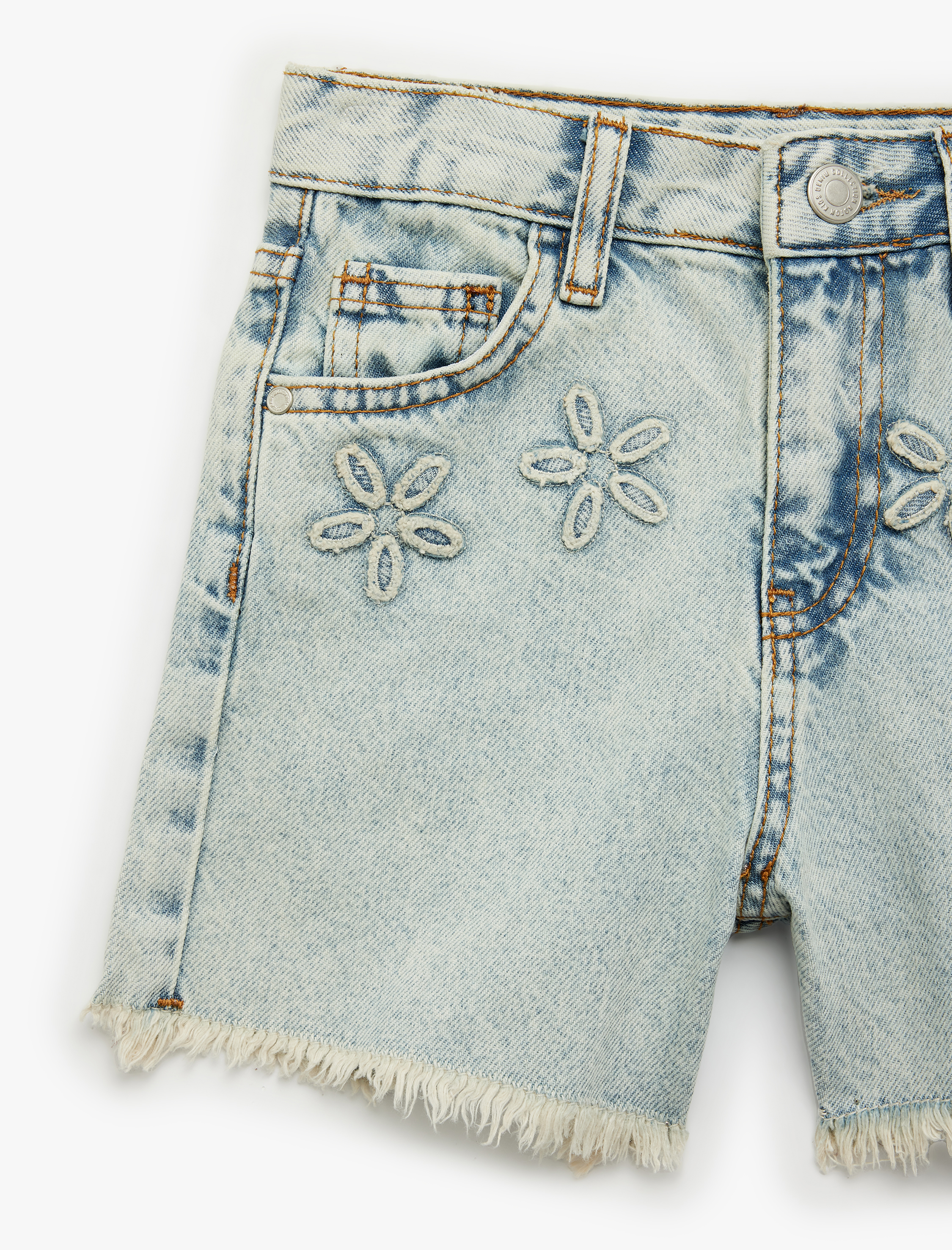  Kız Çocuk Pamuklu Çiçek İşlemeli Cep Detaylı Jean Şort