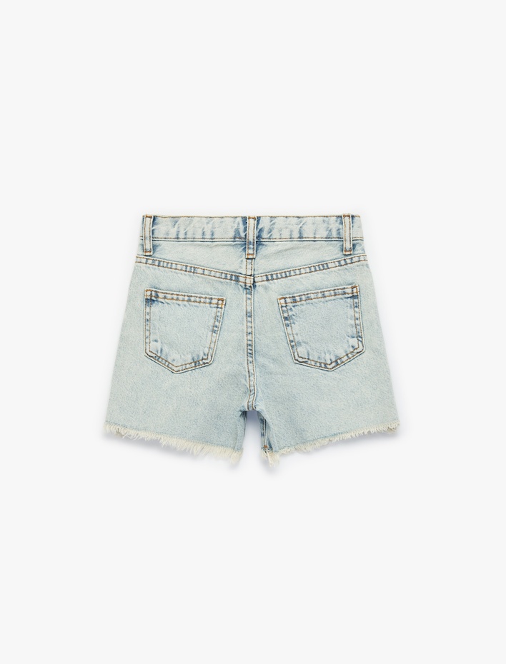 Kız Çocuk Pamuklu Çiçek İşlemeli Cep Detaylı Jean Şort