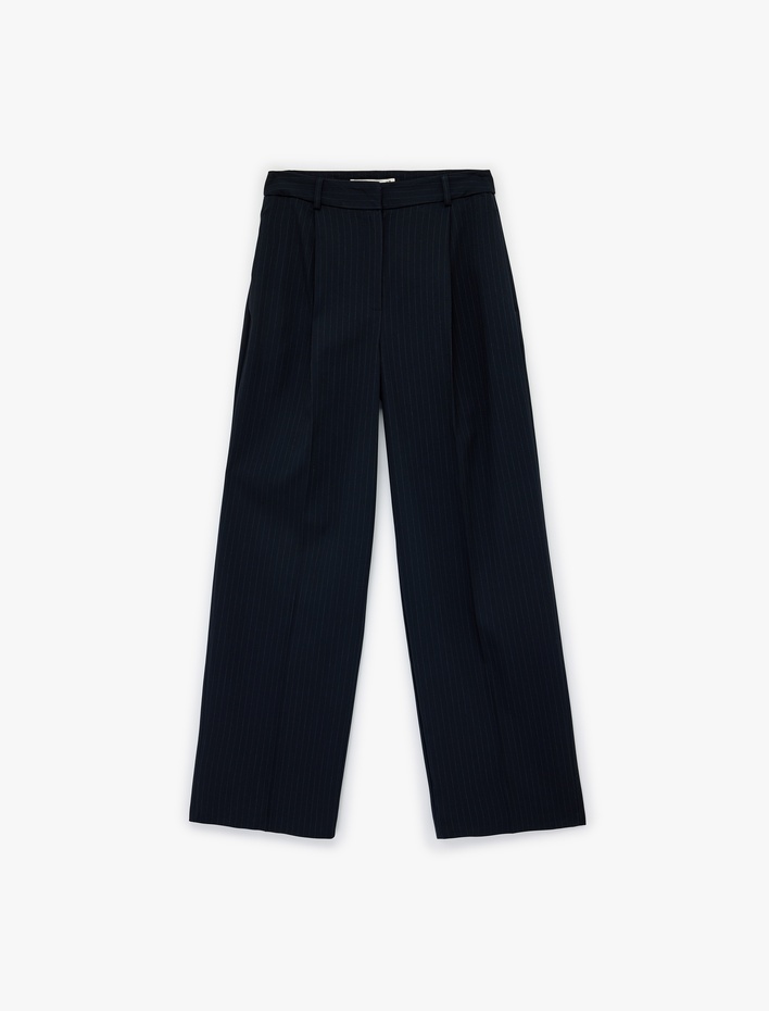  Yüksek Bel Geniş Paça Viskon Karışımlı Çizgili Pantolon