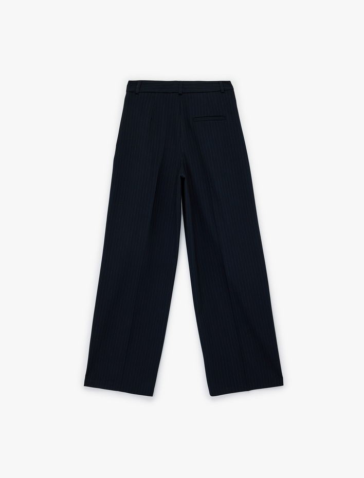  Yüksek Bel Geniş Paça Viskon Karışımlı Çizgili Pantolon