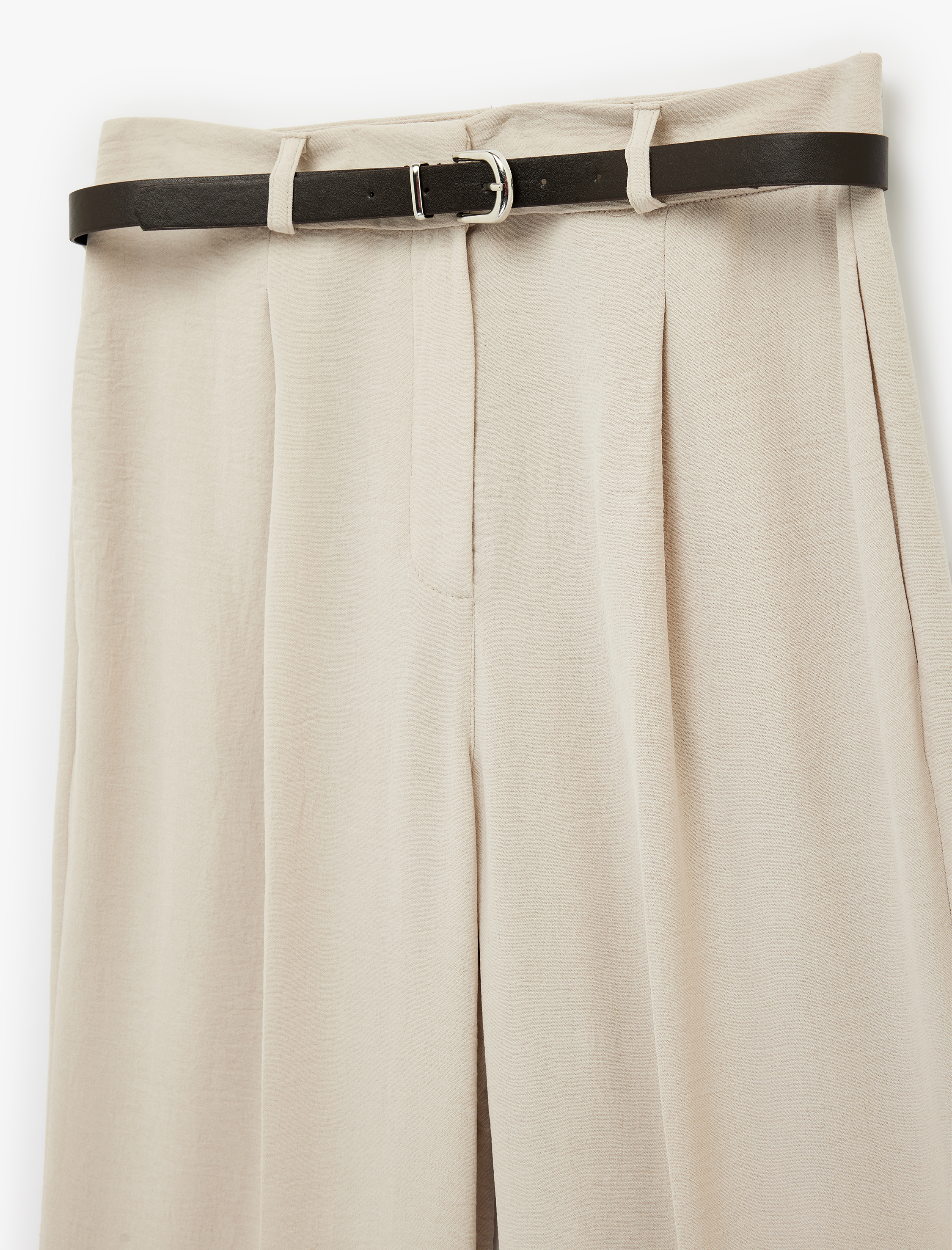   Aerobin Kumaş Kemerli Uzun Düz Geniş Paça Pantolon