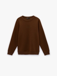 Regular Fit Uzun Kollu Şardonlu Bisiklet Yaka Basic Baskılı Sweatshirt