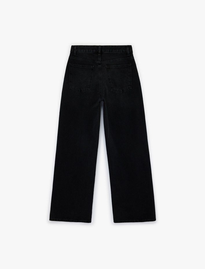  Yüksek Bel Pamuklu Düğmeli Geniş Paça Denim Pantolon -  Wide Leg Jeans
