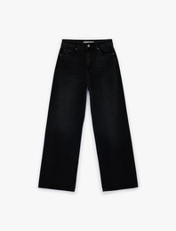 Yüksek Bel Pamuklu Düğmeli Geniş Paça Denim Pantolon -  Wide Leg Jeans