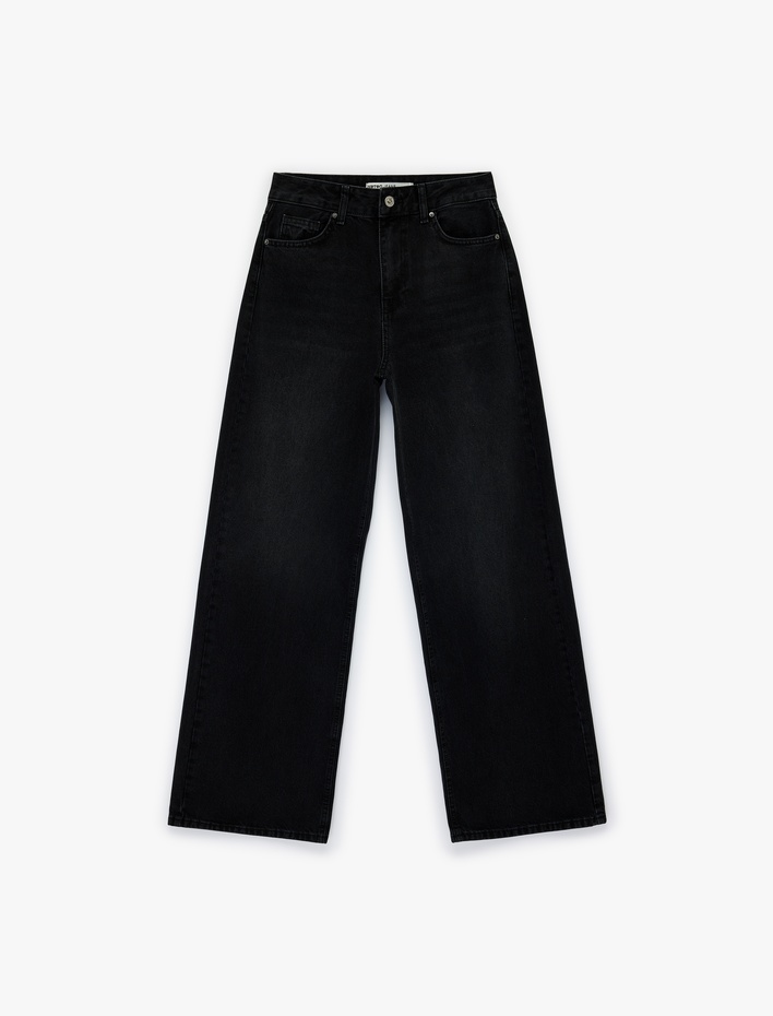  Yüksek Bel Pamuklu Düğmeli Geniş Paça Denim Pantolon -  Wide Leg Jeans