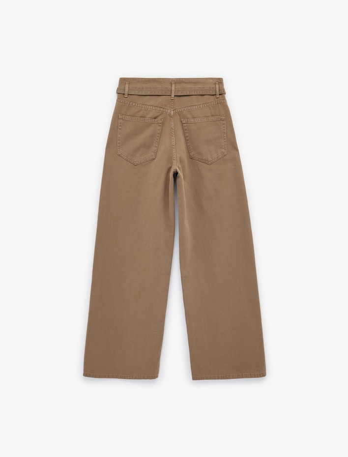  Pamuklu Yüksek Bel Kemerli Geniş Paça Pantolon - Wide Leg Jeans