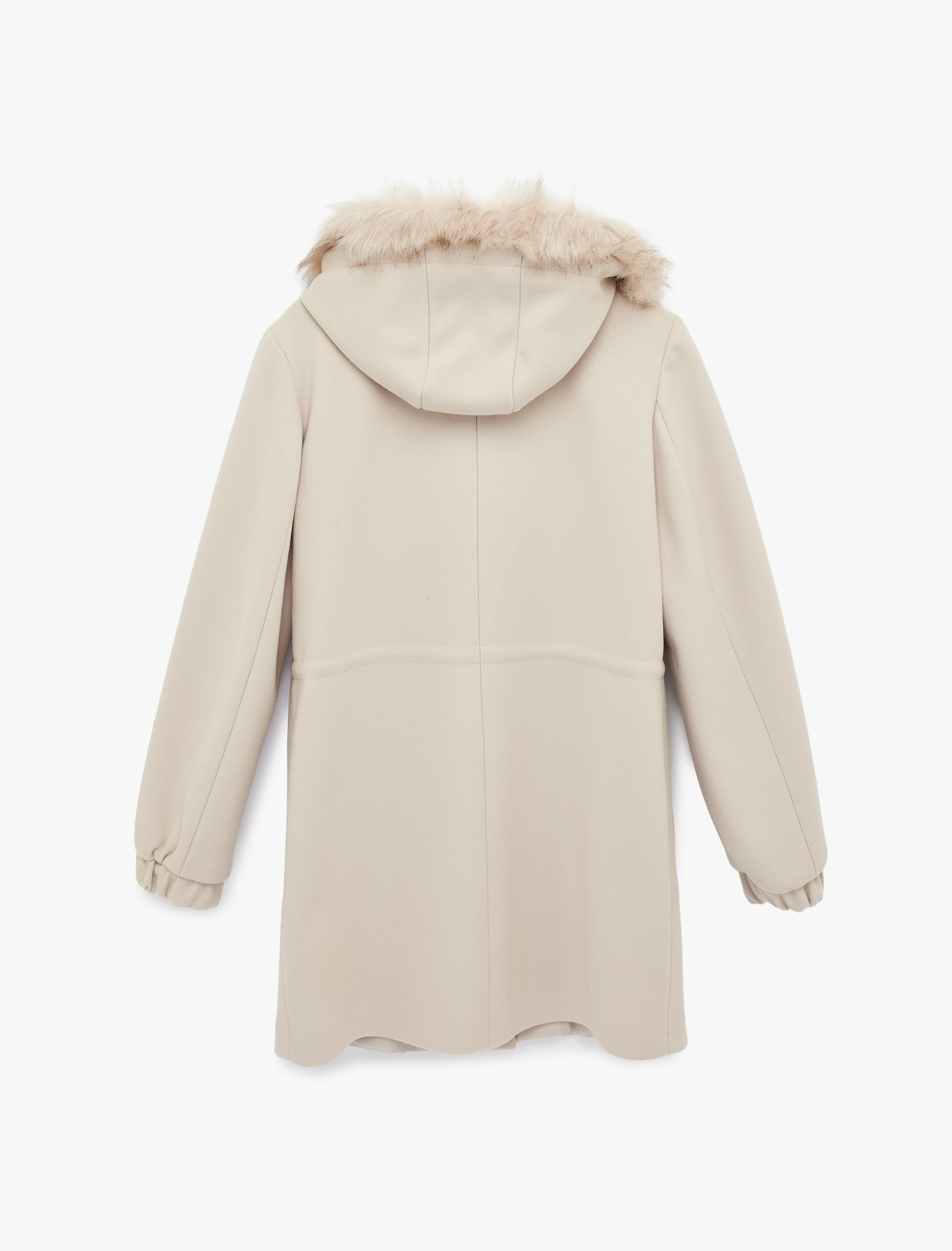   Uzun Kollu Cepli Bağlama Detaylı Suni Kürk Kapüşon Detaylı Kaşe Kaban