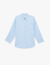 Cep Detaylı Pamuklu Uzun Kollu Klasik Yaka Oversize Gömlek