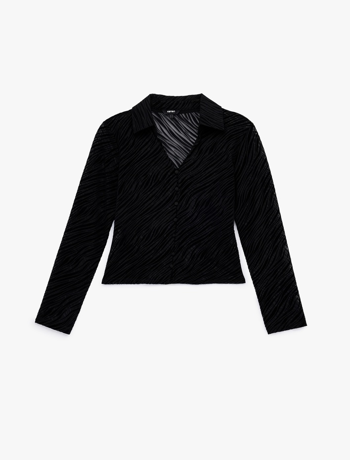  Zebra Dokulu Yarı Transparan Uzun Kollu Gömlek