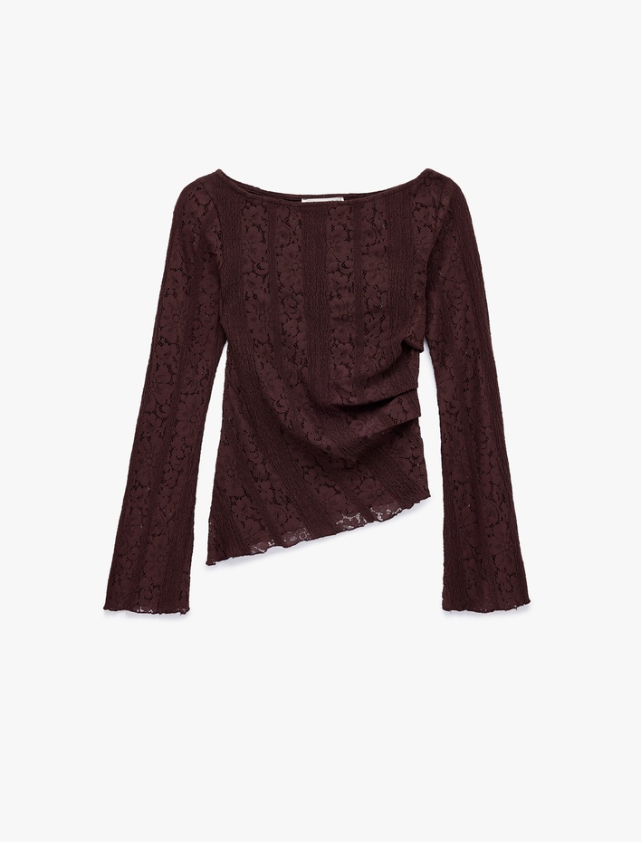  Asimetrik Kayık Yaka Uzun Kollu Slim Fit Dantelli Tişört