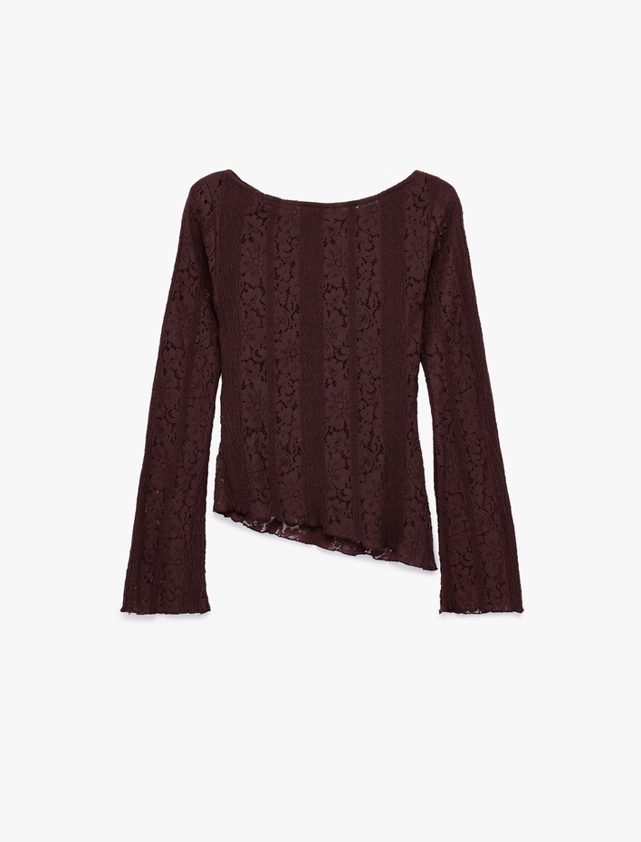  Asimetrik Kayık Yaka Uzun Kollu Slim Fit Dantelli Tişört