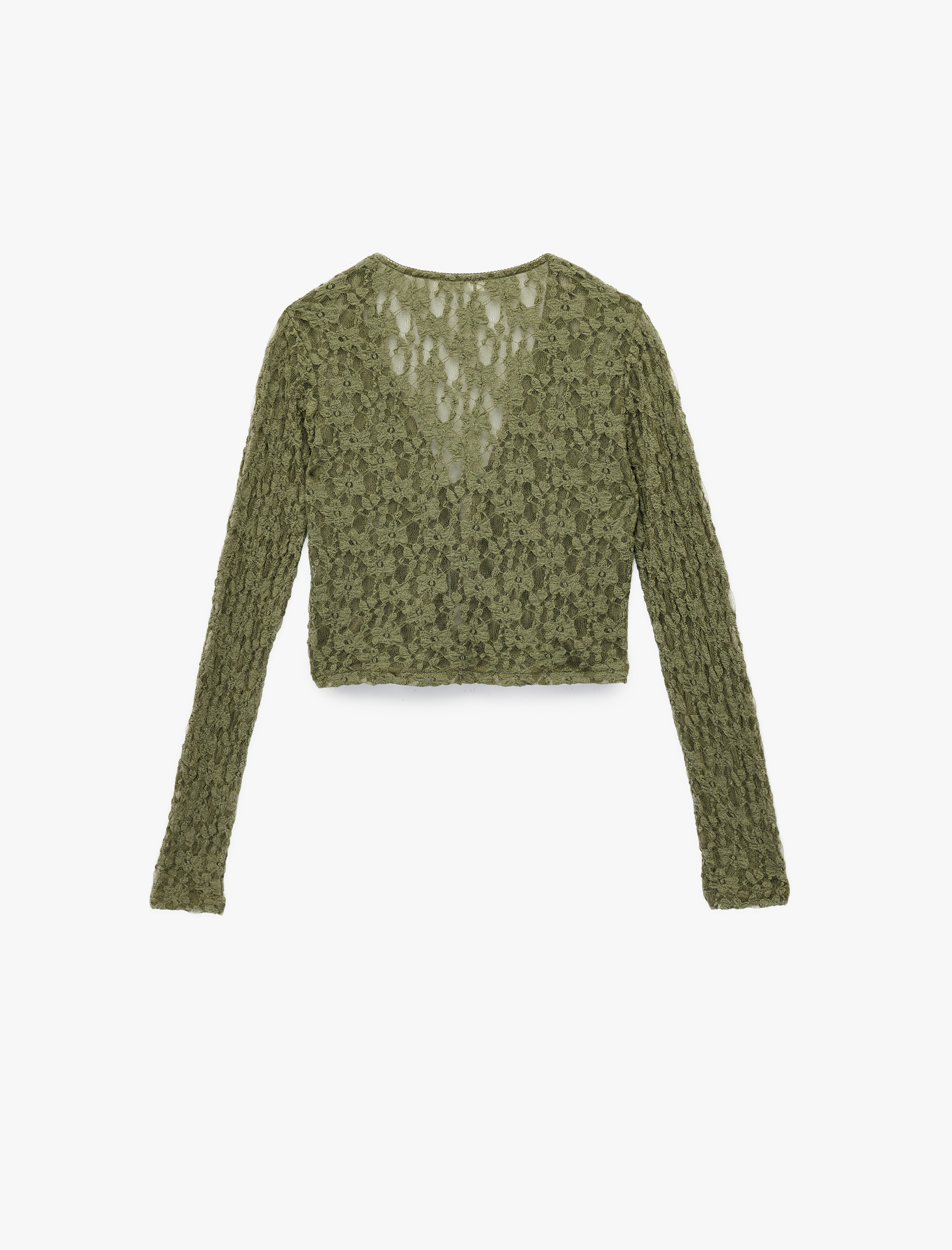   Uzun Kollu V Yaka Bağlama Detaylı Fiyonklu Dantel Hırka