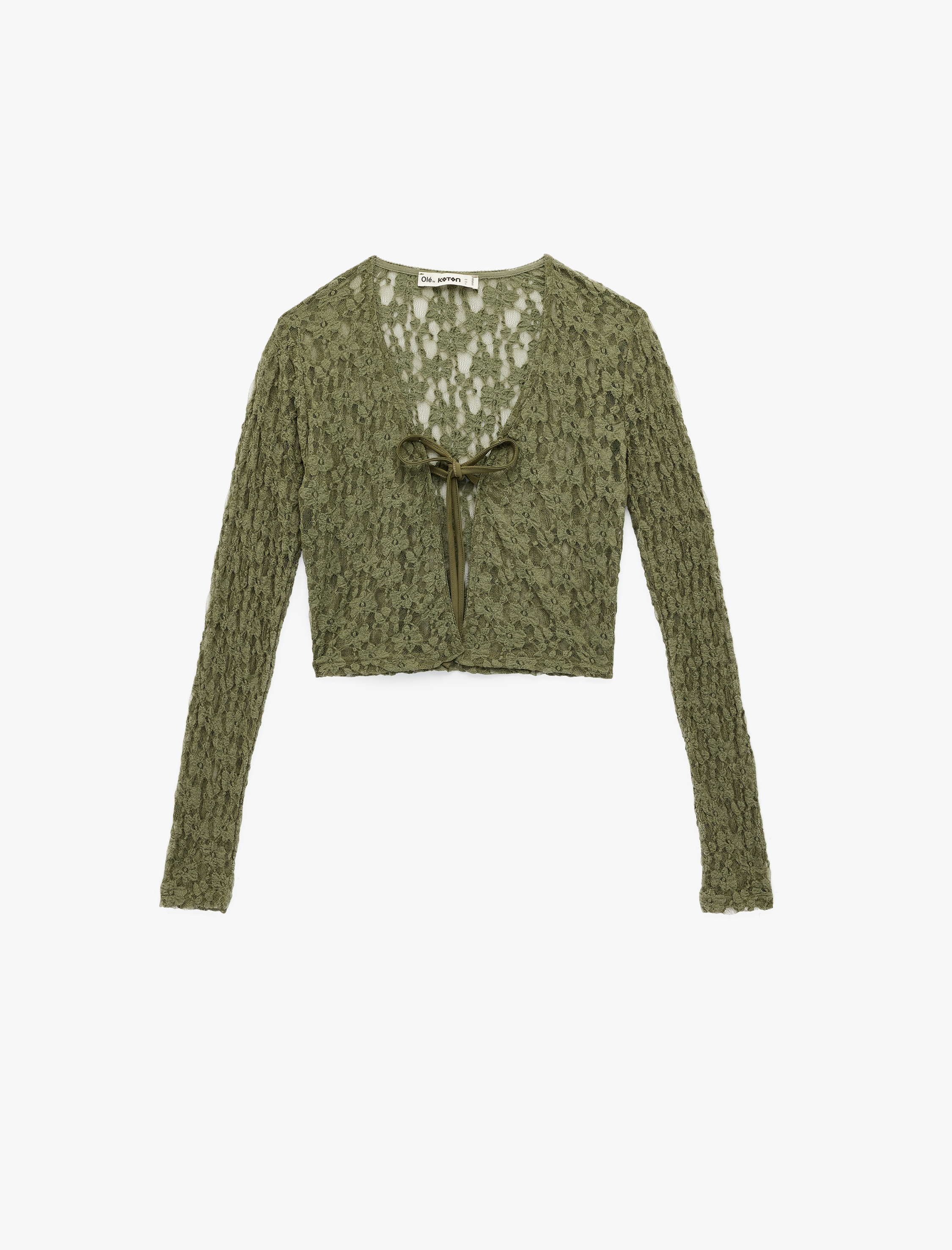   Uzun Kollu V Yaka Bağlama Detaylı Fiyonklu Dantel Hırka