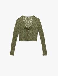 Uzun Kollu V Yaka Bağlama Detaylı Fiyonklu Dantel Hırka