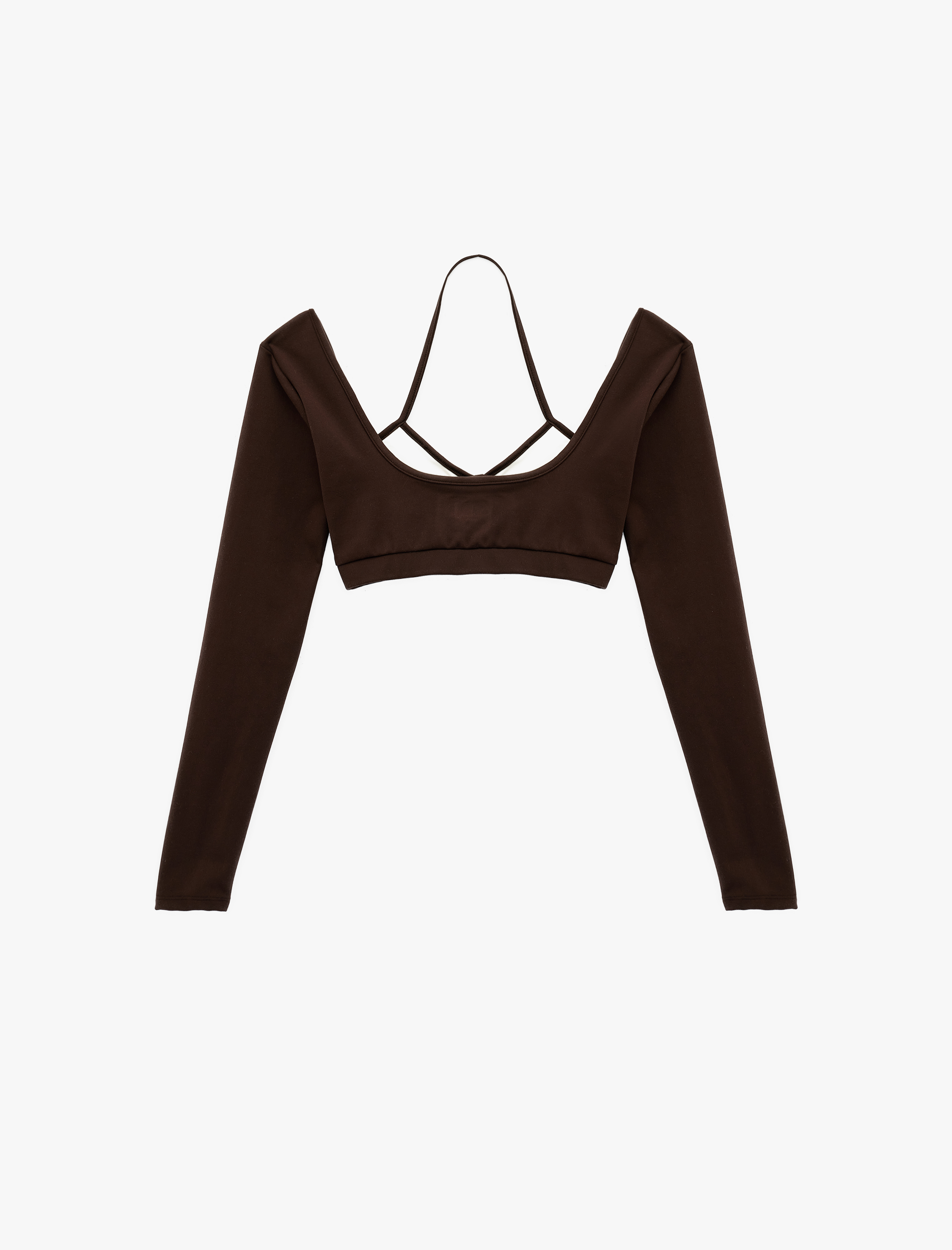   Uzun Kollu Kayık Yaka Askı Detaylı Spor Crop Tişört