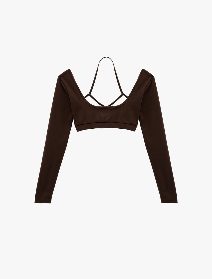  Uzun Kollu Kayık Yaka Askı Detaylı Spor Crop Tişört