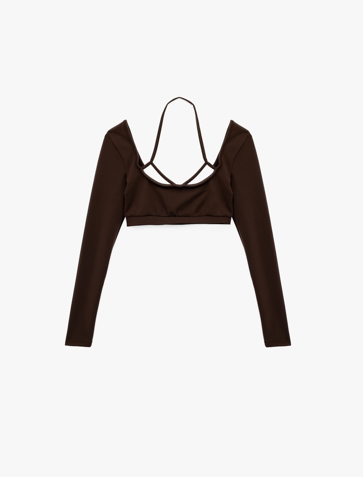  Uzun Kollu Kayık Yaka Askı Detaylı Spor Crop Tişört